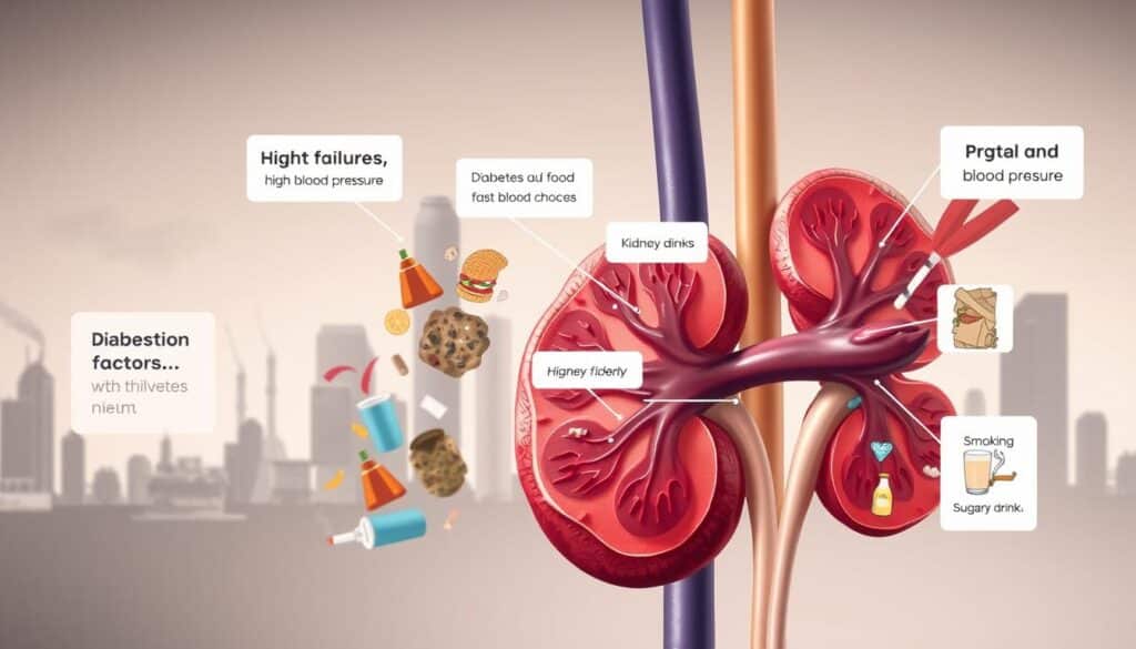 A detailed medical illustration depicting various causes of kidney failure. In the foreground, show a realistic human kidney, sectioned to reveal internal structures, highlighting issues like diabetes and high blood pressure in illustrative callouts. In the middle ground, represent lifestyle factors, such as unhealthy food choices (e.g., fast food and sugary drinks) and smoking, illustrated as cluttered elements around the kidney. In the background, depict a subtle cityscape with elements of pollution and stress, symbolizing environmental influences. Use soft, diffused lighting to create a clinical yet engaging atmosphere, with a focus on the kidney for clarity. The perspective should be slightly angled to provide depth, emphasizing the complexity of kidney health.