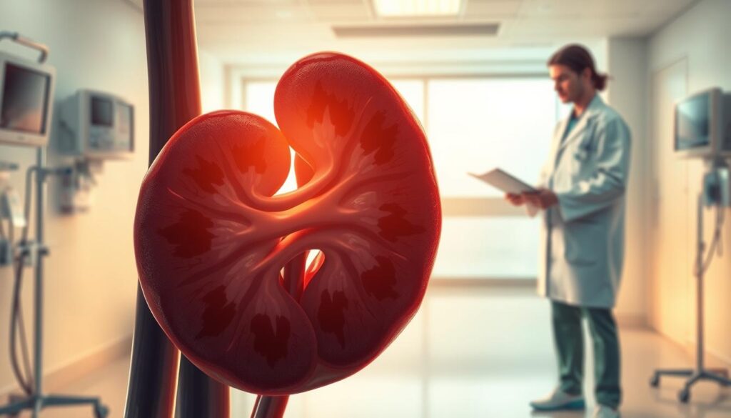 A detailed illustration portraying kidney failure in a clinical setting. In the foreground, depict a close-up of a human kidney, illustrating its structure with clear, visible signs of distress, such as darkening and irregularities in texture. In the middle ground, include a healthcare professional in a white lab coat examining the kidney, demonstrating professionalism and concern, standing beside a medical chart. The background should showcase a softly illuminated hospital room, with medical equipment like monitors and IV stands, creating a sterile atmosphere. Use warm, diffused lighting to evoke a sense of seriousness and urgency, captured from a slightly elevated angle for a comprehensive view. The overall mood should convey the importance of understanding kidney failure and its implications on health.