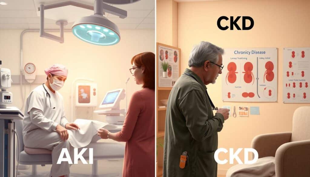 A split image showcasing the differences between acute kidney injury (AKI) and chronic kidney disease (CKD). On the left, illustrate AKI with a medical professional in a hospital setting, examining a patient with an emphasis on urgency, bright surgical lights, and diagnostic equipment like an ultrasound machine. The patient appears anxious but attentive. On the right, depict CKD with a calm setting, featuring a healthcare provider discussing long-term treatment options with an elderly patient in a cozy clinical office filled with educational charts of kidney function. Use soft, warm lighting to create a contrast between the two scenarios. The background should remain neutral, focusing on the patients and professionals. Aim for a clear, informative atmosphere that visually communicates the distinctions between these two conditions, emphasizing the medical context.