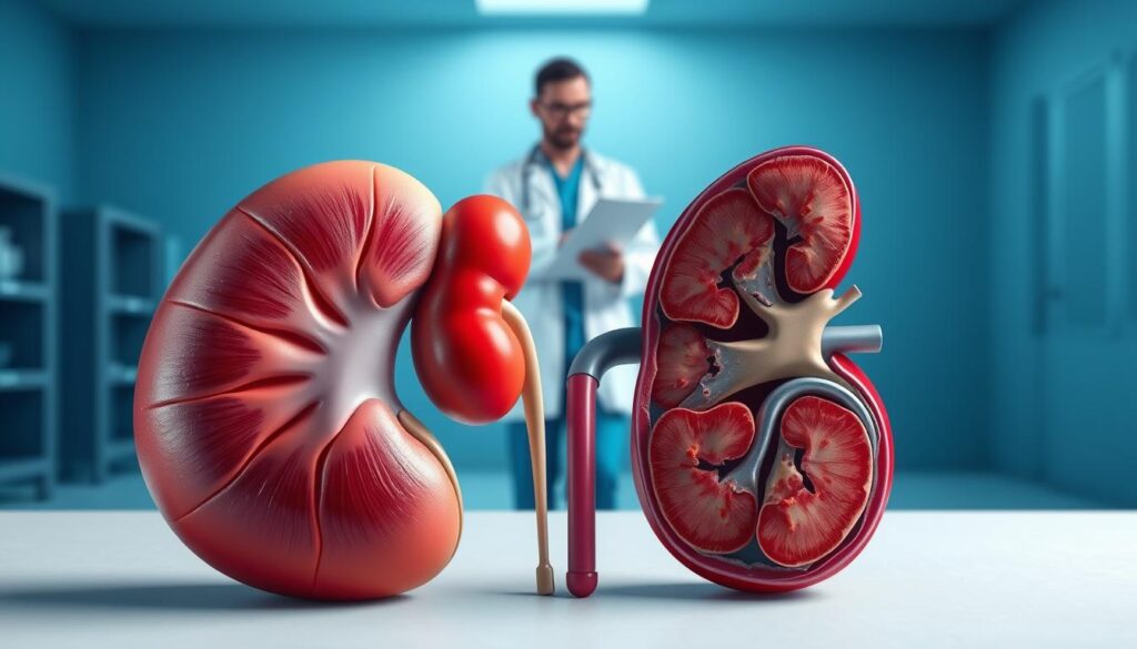 A detailed medical illustration depicting acute kidney injury. In the foreground, a pair of healthy human kidneys on one side contrasted with injured kidneys showing discoloration, swelling, and structural changes on the other side. In the middle ground, a representation of a healthcare professional, dressed in a lab coat and scrubs, analyzing the kidneys with a focus on their texture and condition, using a stethoscope and medical chart. The background features a clinical environment, with soft blue lighting to evoke a calm, professional atmosphere. Include anatomical labeling of the kidneys, with technical precision capturing the differences between acute kidney injury and chronic kidney disease. The angle should be slightly elevated to provide a comprehensive view.