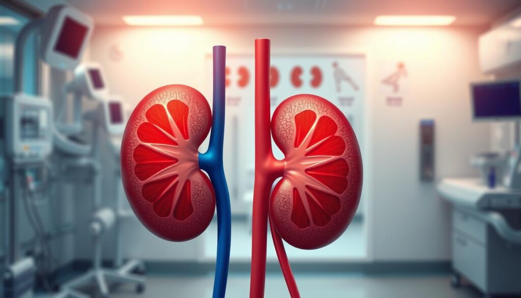 Generate a highly detailed and informative illustration representing Acute Kidney Injury. In the foreground, depict a stylized, anatomical view of human kidneys, showcasing signs of injury with subtle visual indicators like color changes or texture variations. In the middle ground, incorporate a seamless blend of medical diagrams illustrating the stages of kidney function, emphasizing the transition from normal to impaired function. The background should include a softly blurred hospital setting, featuring advanced medical equipment to create a clinical atmosphere. Use soft, ambient lighting to highlight the kidneys, with a focus on clarity and detail. The overall mood should evoke a sense of urgency and education, suitable for an informative article on health.