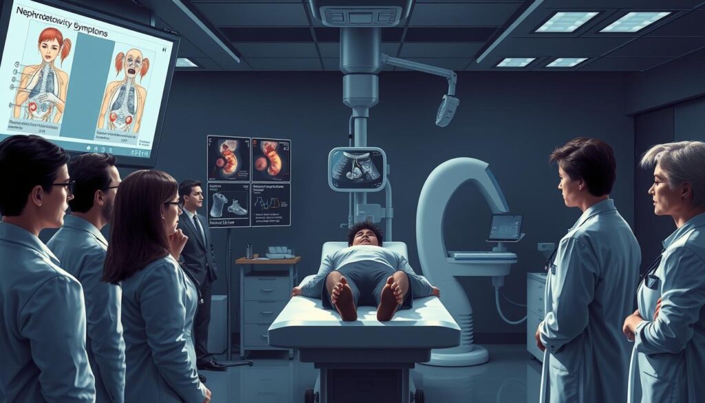A detailed illustration of nephrotoxicity symptoms depicted in a clinical setting. In the foreground, a diverse group of medical professionals, dressed in professional business attire, is observing symptoms displayed on a high-tech medical screen. In the middle, a patient seated on an examination table is visibly distressed, displaying common signs such as fatigue, swelling in the legs, and unusual skin rashes. The background includes medical equipment, like an ultrasound machine, with dim but focused overhead lighting creating an intense atmosphere. The overall mood is serious and informative, emphasizing the urgency of recognizing nephrotoxicity symptoms. The composition highlights the interplay between healthcare professionals and patient signs in a clean, modern medical environment.