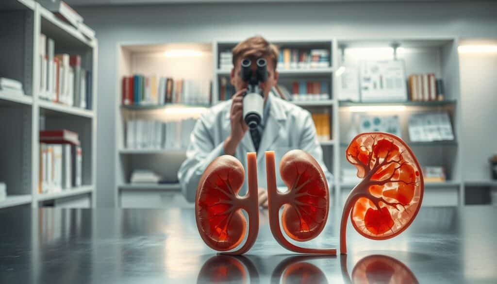 A detailed illustration of kidney toxicity, set in a well-lit laboratory environment. In the foreground, a pair of human kidneys, depicted with a semi-transparent view showcasing damaged tissue and disrupted nephrons, are placed on a clean stainless steel table. The middle ground features a scientist in professional attire, examining the kidneys with a microscope, looking concerned yet focused. In the background, shelves filled with medical books and charts on nephrotoxicity are softly illuminated, creating an atmosphere of seriousness and education. The lighting is bright and clinical, enhancing the scientific mood. The composition is shot from a slightly elevated angle to capture both the kidneys and the scientist's expressions of concern, emphasizing the importance of understanding nephrotoxicity.