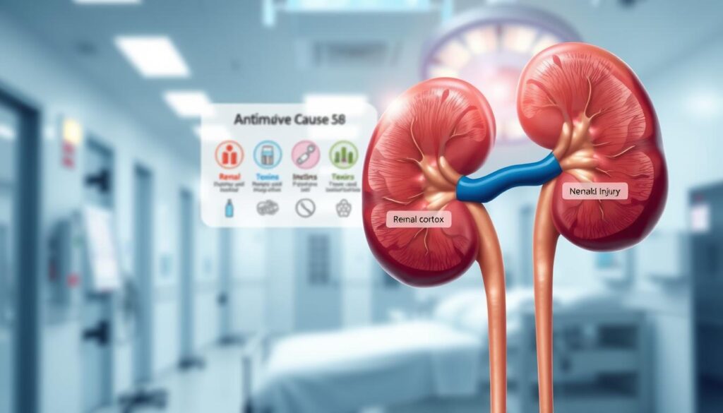 A detailed medical illustration of acute kidney injury (AKI) focused on the kidneys. In the foreground, show a pair of kidneys labeled with anatomical features, including renal cortex, renal pelvis, and nephrons, highlighting areas affected by injury. In the middle ground, depict a faint diagram illustrating common causes of AKI, such as dehydration, toxins, and infections, represented through icons. The background features a soft-focus hospital setting, conveying a clinical atmosphere. The lighting is bright and clinical, mimicking surgical lighting, with a slight blue tint for a sterile feel. The mood is informative and educational, ideal for a medical article, with a focus on preventative care and understanding kidney health. The image is devoid of text or watermarks.