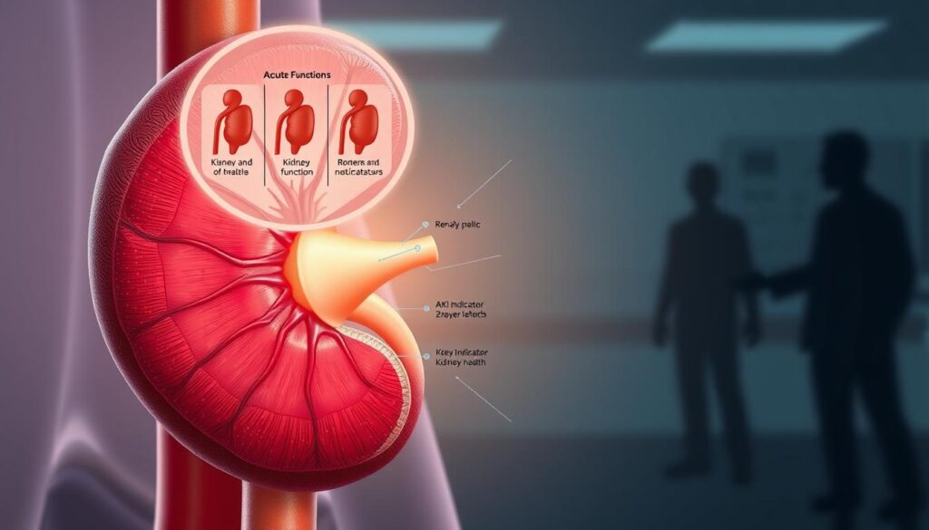 A detailed illustration of a human kidney, focusing on the anatomical structure and highlighting features related to Acute Kidney Injury (AKI). In the foreground, a realistic and accurately depicted kidney shows its surface texture, veins, and renal pelvis, with a slight emphasis on potential areas affected by AKI. The middle layer features labeled diagrams of kidney functions and key indicators of kidney health, surrounded by a soft glow for emphasis. The background includes a clinical setting with subtle silhouettes of medical equipment, enhancing the medical theme. Soft lighting illuminates the kidney to create a clean and professional atmosphere, with a shallow depth of field to keep the focus sharp on the kidney. The mood is educational and informative, suitable for a medical context.