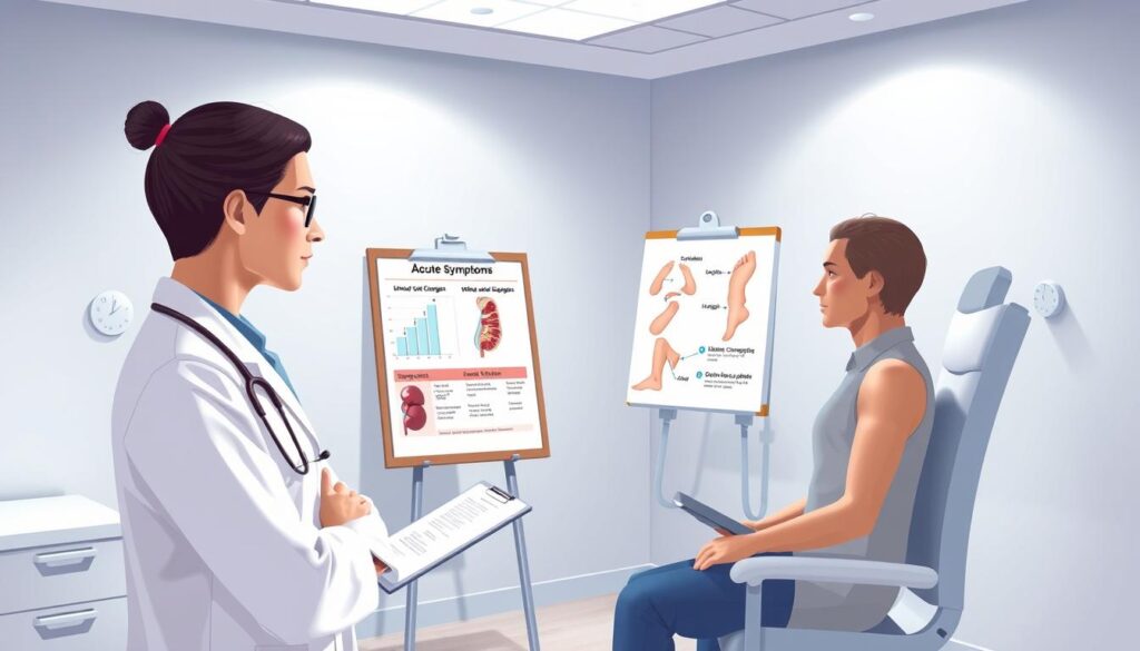 A medical illustration depicting the common signs and symptoms of acute kidney injury, featuring a well-lit clinical setting. In the foreground, an attentive healthcare professional in a white lab coat is demonstrating kidney-related symptoms to a simulated patient seated in a modern examination room. Include visual elements like a chart showing urine output changes, a representation of swollen ankles, and skin changes indicating uremia. In the middle ground, a medical chart on a clipboard, with highlighted symptoms such as fatigue, nausea, and changes in urine color. The background should feature soft, diffused lighting that conveys a calm yet clinical atmosphere, emphasizing a sense of urgency around the importance of recognizing these symptoms. The focus should be on clear, informative imagery without any text overlays or distractions. A medical illustration depicting the common signs and symptoms of acute kidney injury, featuring a well-lit clinical setting. In the foreground, an attentive healthcare professional in a white lab coat is demonstrating kidney-related symptoms to a simulated patient seated in a modern examination room. Include visual elements like a chart showing urine output changes, a representation of swollen ankles, and skin changes indicating uremia. In the middle ground, a medical chart on a clipboard, with highlighted symptoms such as fatigue, nausea, and changes in urine color. The background should feature soft, diffused lighting that conveys a calm yet clinical atmosphere, emphasizing a sense of urgency around the importance of recognizing these symptoms. The focus should be on clear, informative imagery without any text overlays or distractions.