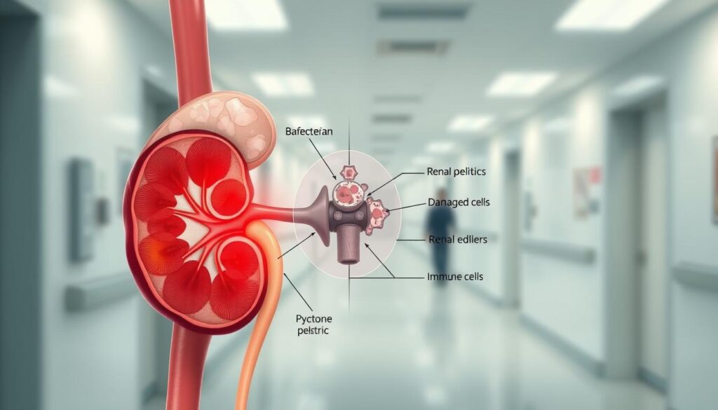 A detailed anatomical illustration of pyelonephritis pathophysiology, showcasing a cross-section of the human kidney. In the foreground, depict inflamed kidney tissue highlighted in red, emphasizing areas of infection. The middle layer shows a clear representation of renal pelvis and nephron structures, integrating visual annotations that label key components such as bacteria, damaged cells, and immune response. In the background, create a blurred image of a hospital setting, conveying a clinical environment, preferably with soft, natural lighting to evoke a professional mood. Use a zoomed-in perspective to draw attention to the important pathological changes. The scene should be scientifically accurate yet visually engaging, suitable for educational purposes. A detailed anatomical illustration of pyelonephritis pathophysiology, showcasing a cross-section of the human kidney. In the foreground, depict inflamed kidney tissue highlighted in red, emphasizing areas of infection. The middle layer shows a clear representation of renal pelvis and nephron structures, integrating visual annotations that label key components such as bacteria, damaged cells, and immune response. In the background, create a blurred image of a hospital setting, conveying a clinical environment, preferably with soft, natural lighting to evoke a professional mood. Use a zoomed-in perspective to draw attention to the important pathological changes. The scene should be scientifically accurate yet visually engaging, suitable for educational purposes.