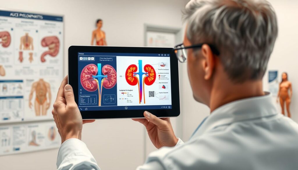 A detailed medical illustration depicting the diagnosis of acute pyelonephritis. In the foreground, a skilled healthcare professional, dressed in a white lab coat, examines a patient’s kidney anatomy through a digital tablet displaying a colorful 3D model of the urinary system. The middle layer features a diagram showcasing inflamed kidneys with highlighted areas indicating infection, along with relevant lab results and imaging scans like ultrasound or CT. In the background, a softly lit clinical setting with medical charts, anatomical posters, and anatomical models adds depth. The atmosphere conveys professionalism and urgency, focusing on the significance of accurate diagnosis in understanding acute pyelonephritis, with bright but gentle lighting to enhance the clarity and detail of the medical visuals. A detailed medical illustration depicting the diagnosis of acute pyelonephritis. In the foreground, a skilled healthcare professional, dressed in a white lab coat, examines a patient’s kidney anatomy through a digital tablet displaying a colorful 3D model of the urinary system. The middle layer features a diagram showcasing inflamed kidneys with highlighted areas indicating infection, along with relevant lab results and imaging scans like ultrasound or CT. In the background, a softly lit clinical setting with medical charts, anatomical posters, and anatomical models adds depth. The atmosphere conveys professionalism and urgency, focusing on the significance of accurate diagnosis in understanding acute pyelonephritis, with bright but gentle lighting to enhance the clarity and detail of the medical visuals.