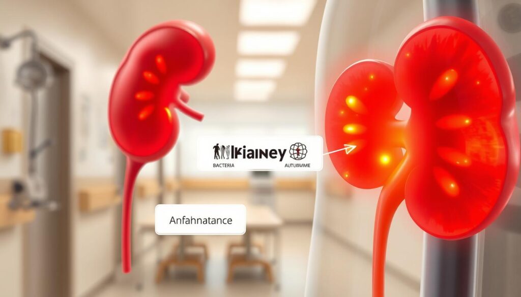 A detailed illustration of kidney inflammation causes, featuring a close-up view of a human kidney depicted in a semi-transparent way to reveal underlying inflammation. In the foreground, a healthy kidney is juxtaposed with an inflamed one, showcasing visual symptoms like redness and swelling. In the middle ground, labels with representations of common causes such as bacteria, high blood pressure, and autoimmune conditions are subtly integrated, appearing as educational icons or symbols. In the background, a soft-focus hospital setting with a warm light ambiance highlights a sense of care and medical concern. The overall mood conveys a serious yet informative tone, with natural lighting to emphasize the subject matter, captured from a slightly elevated angle for clarity. A detailed illustration of kidney inflammation causes, featuring a close-up view of a human kidney depicted in a semi-transparent way to reveal underlying inflammation. In the foreground, a healthy kidney is juxtaposed with an inflamed one, showcasing visual symptoms like redness and swelling. In the middle ground, labels with representations of common causes such as bacteria, high blood pressure, and autoimmune conditions are subtly integrated, appearing as educational icons or symbols. In the background, a soft-focus hospital setting with a warm light ambiance highlights a sense of care and medical concern. The overall mood conveys a serious yet informative tone, with natural lighting to emphasize the subject matter, captured from a slightly elevated angle for clarity.