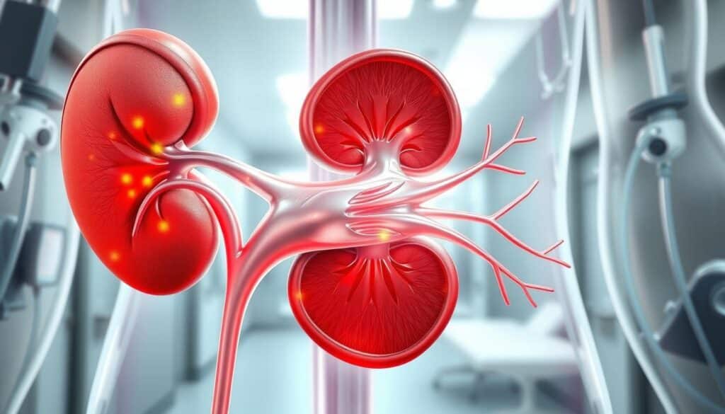 A detailed anatomical illustration of a human kidney affected by nephritis, demonstrating inflammation clearly with a focus on the kidney's structures. In the foreground, a hyper-realistic depiction of the kidney shows swollen tissues and surrounding inflammation highlighted with red and yellow tones. The middle layer features translucent layers of muscle and surrounding organs, offering a sense of depth, while the background presents a softly blurred hospital environment, hinting at medical examination tools. The lighting is bright and clinical, giving the scene a clean, sterile atmosphere. The angle captures the kidney from a slight elevation, emphasizing its anatomical features. The overall mood is educational and serious, aimed at raising awareness and understanding of kidney inflammation. A detailed anatomical illustration of a human kidney affected by nephritis, demonstrating inflammation clearly with a focus on the kidney's structures. In the foreground, a hyper-realistic depiction of the kidney shows swollen tissues and surrounding inflammation highlighted with red and yellow tones. The middle layer features translucent layers of muscle and surrounding organs, offering a sense of depth, while the background presents a softly blurred hospital environment, hinting at medical examination tools. The lighting is bright and clinical, giving the scene a clean, sterile atmosphere. The angle captures the kidney from a slight elevation, emphasizing its anatomical features. The overall mood is educational and serious, aimed at raising awareness and understanding of kidney inflammation.