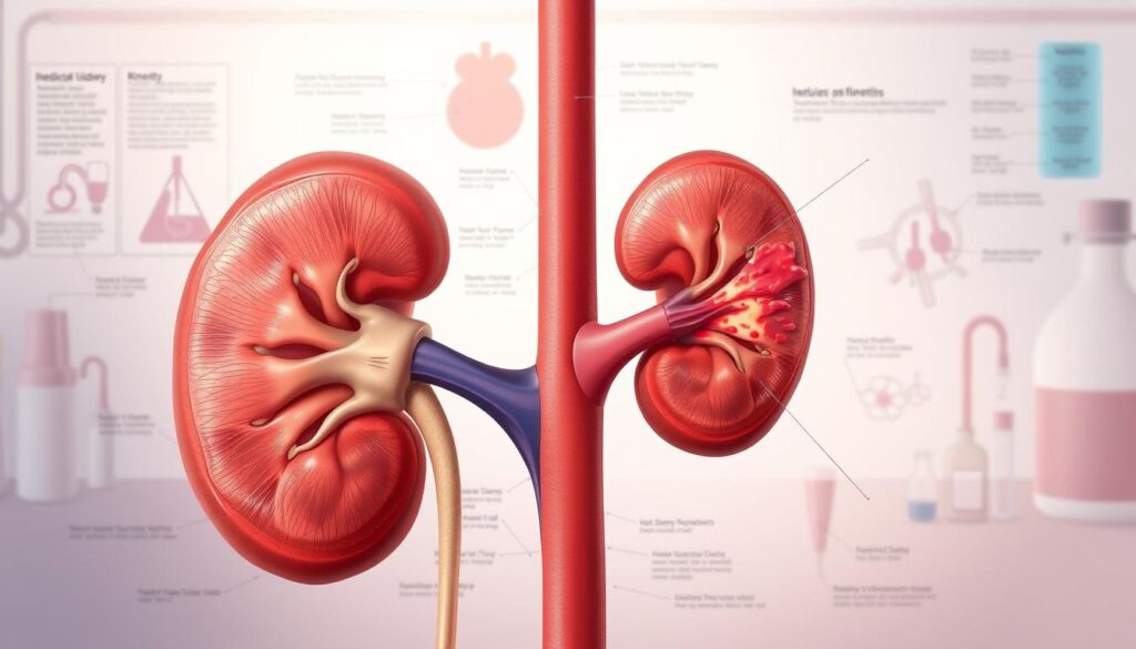 A detailed medical illustration of kidney inflammation (nephritis). In the foreground, showcase a healthy kidney side-by-side with an inflamed kidney, highlighting the differences in color and texture. The inflamed kidney should appear slightly swollen and reddened to indicate inflammation. In the middle ground, include anatomical labels and scientific diagram elements. The background should be a soft gradient representing a medical environment, with subtle hints of laboratory equipment, enhancing the clinical feel. Use bright, clinical lighting to emphasize details on the kidneys, and capture the image from a slightly angled top-down perspective to provide depth. The atmosphere should be informative and professional, suitable for a medical audience. A detailed medical illustration of kidney inflammation (nephritis). In the foreground, showcase a healthy kidney side-by-side with an inflamed kidney, highlighting the differences in color and texture. The inflamed kidney should appear slightly swollen and reddened to indicate inflammation. In the middle ground, include anatomical labels and scientific diagram elements. The background should be a soft gradient representing a medical environment, with subtle hints of laboratory equipment, enhancing the clinical feel. Use bright, clinical lighting to emphasize details on the kidneys, and capture the image from a slightly angled top-down perspective to provide depth. The atmosphere should be informative and professional, suitable for a medical audience.