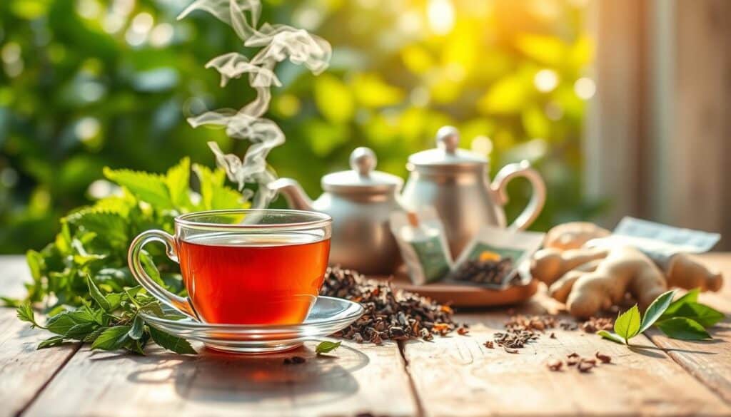 A beautifully arranged selection of the best teas for kidney health, including herbal varieties like nettle, dandelion, and ginger. In the foreground, a teacup filled with steaming herbal tea sits on a rustic wooden table, surrounded by fresh herbs and tea leaves. In the middle ground, a small teapot and a few tea bags are artfully displayed, hinting at the brewing process. The background features soft, blurred green foliage, evoking a sense of natural wellness. The lighting is warm and inviting, with soft sunlight streaming in, creating a serene atmosphere. The composition captures an essence of tranquility and health, showcasing the natural support these teas provide for renal health. A beautifully arranged selection of the best teas for kidney health, including herbal varieties like nettle, dandelion, and ginger. In the foreground, a teacup filled with steaming herbal tea sits on a rustic wooden table, surrounded by fresh herbs and tea leaves. In the middle ground, a small teapot and a few tea bags are artfully displayed, hinting at the brewing process. The background features soft, blurred green foliage, evoking a sense of natural wellness. The lighting is warm and inviting, with soft sunlight streaming in, creating a serene atmosphere. The composition captures an essence of tranquility and health, showcasing the natural support these teas provide for renal health.