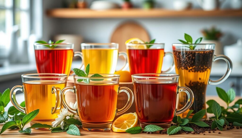 A serene arrangement of various herbal teas beneficial for kidney health, displayed prominently in the foreground. The teas are vibrant, showcasing a range of colors: rich green matcha, deep amber chamomile, bright yellow ginger, and earthy rooibos. Each tea is served in elegant glass cups, with fresh herbs like mint and lemon slices adorning the rim. In the middle layer, there is a wooden tea tray that adds warmth and texture. The background features a softly blurred kitchen setting with natural light streaming through a window, creating a calming atmosphere. The mood is tranquil and refreshing, emphasizing health and wellness. The focus is on the teas, with a soft bokeh effect to enhance the overall composition. A serene arrangement of various herbal teas beneficial for kidney health, displayed prominently in the foreground. The teas are vibrant, showcasing a range of colors: rich green matcha, deep amber chamomile, bright yellow ginger, and earthy rooibos. Each tea is served in elegant glass cups, with fresh herbs like mint and lemon slices adorning the rim. In the middle layer, there is a wooden tea tray that adds warmth and texture. The background features a softly blurred kitchen setting with natural light streaming through a window, creating a calming atmosphere. The mood is tranquil and refreshing, emphasizing health and wellness. The focus is on the teas, with a soft bokeh effect to enhance the overall composition.
