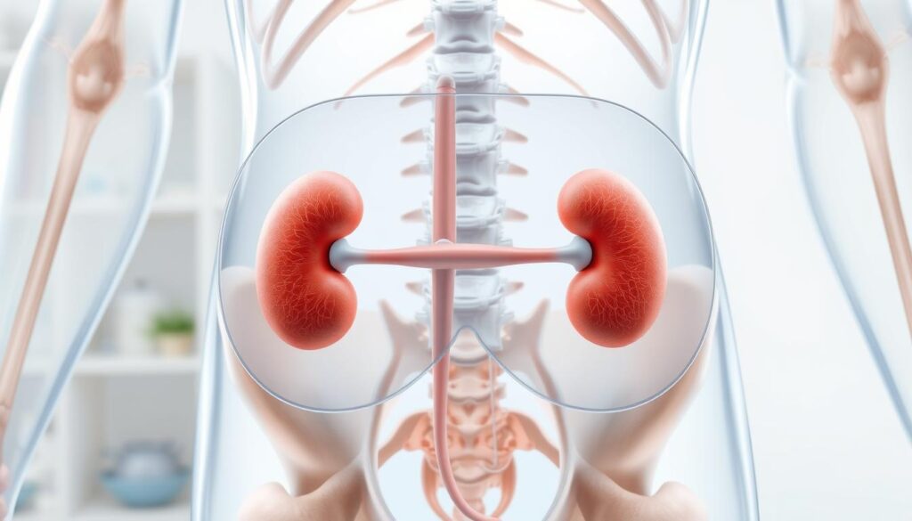 A detailed anatomical illustration of the human body's retroperitoneal position highlighting the kidneys. In the foreground, depict a transparent view of the lower torso, showcasing the kidneys situated on either side of the spine, in the renal fossa. Emphasize the surrounding organs, including the adrenal glands perched atop each kidney and the aorta and inferior vena cava nearby, intricately detailed to reflect anatomical accuracy. The middle layer should feature subtle color gradients to represent soft tissues, with clear delineation for the muscular wall of the abdomen. The background should have a soft focus, depicting a neutral medical study environment, perhaps with light blue or white tones to create a clinical yet inviting atmosphere. Utilize soft, even lighting to enhance the anatomical features, ensuring clarity and depth without harsh shadows.