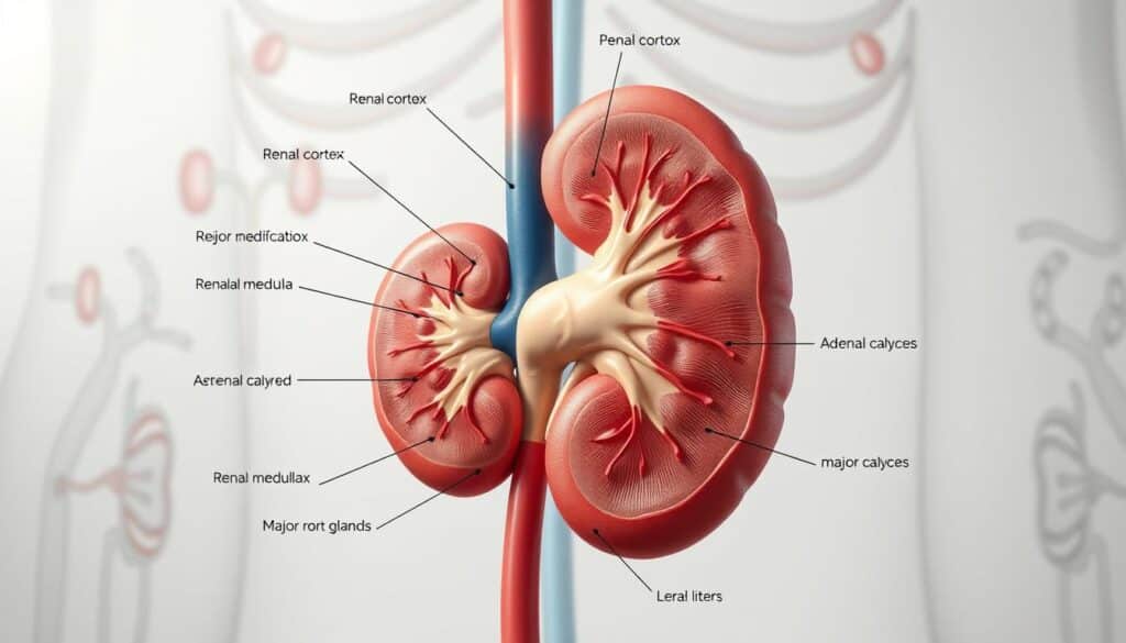 A highly detailed, labeled anatomical illustration of a human kidney, showcasing its intricate structures including the renal cortex, renal medulla, renal pelvis, and major/minor calyces. In the foreground, the kidney is centrally placed with clear, color-coded labels pointing to each anatomical part. The middle layer features a subtle cross-section view to highlight internal features, while the background displays soft anatomical drawings of surrounding organs like the adrenal glands and ureters. The lighting is evenly distributed with a neutral color scheme to maintain a clinical and educational atmosphere. Use a high-resolution lens perspective that emphasizes clarity and detail, creating a professional and informative look suitable for an educational article on human anatomy.