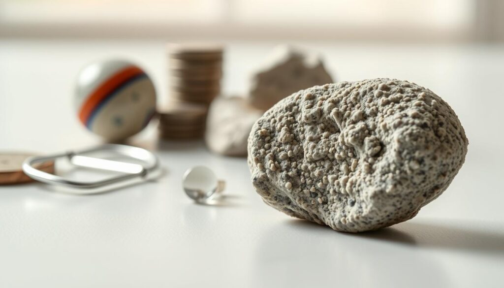 A detailed and informative image showing a 4mm kidney stone next to common objects for size comparison, emphasizing clarity and realism. In the foreground, prominently feature a realistic, detailed illustration of the kidney stone, showcasing its granularity and texture. In the middle ground, place an assortment of everyday items, such as a marble, a paperclip, and a small coin, to highlight the size of the kidney stone effectively. The background should be softly blurred to draw attention to the foreground display, utilizing natural lighting that creates a subtle sheen on the kidney stone, enhancing its features. The overall atmosphere should be clinical and educational, aiming to inform and engage the viewer without any distractions or additional elements. A detailed and informative image showing a 4mm kidney stone next to common objects for size comparison, emphasizing clarity and realism. In the foreground, prominently feature a realistic, detailed illustration of the kidney stone, showcasing its granularity and texture. In the middle ground, place an assortment of everyday items, such as a marble, a paperclip, and a small coin, to highlight the size of the kidney stone effectively. The background should be softly blurred to draw attention to the foreground display, utilizing natural lighting that creates a subtle sheen on the kidney stone, enhancing its features. The overall atmosphere should be clinical and educational, aiming to inform and engage the viewer without any distractions or additional elements.