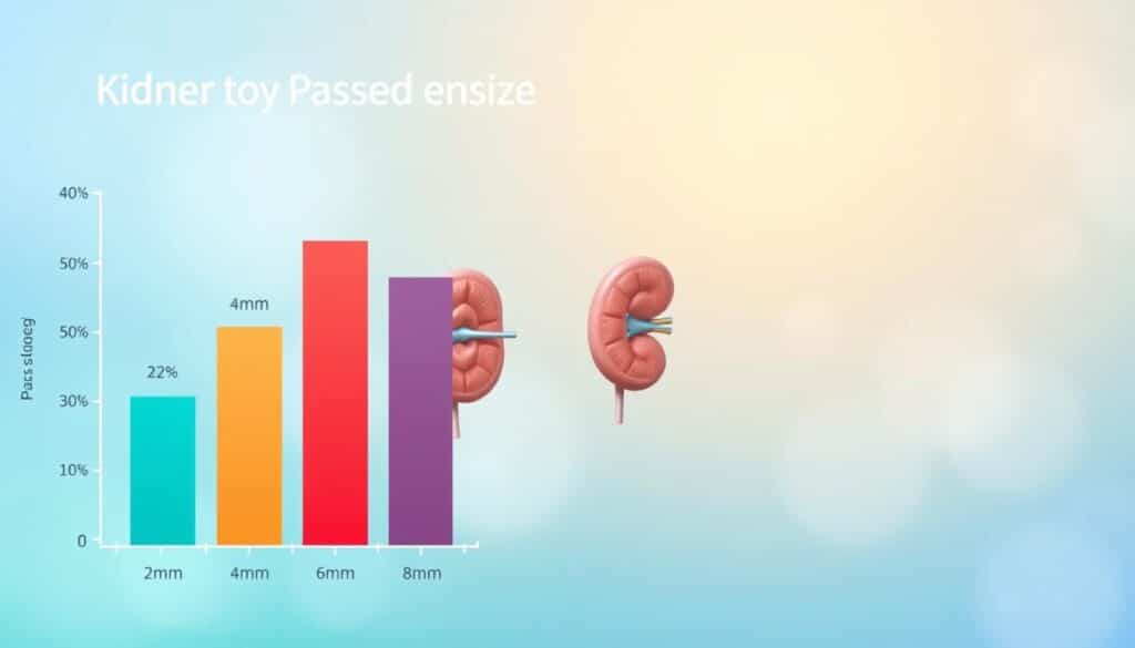 A visually informative illustration showcasing the kidney stone passage rates based on size, featuring a clear and concise design. In the foreground, depict a gradient bar chart that smoothly transitions from left to right, illustrating various sizes of kidney stones (2mm, 4mm, 6mm, 8mm) alongside their corresponding passage rates. Each bar should be color-coded and labeled with percentages for clarity. In the middle ground, illustrate anatomical representations of the urinary tract, focusing on the kidneys and ureter, using a realistic style to emphasize the medical context. The background should be a soft-focus gradient of calming blues and whites, suggesting a sterile medical environment. Employ soft lighting to maintain a professional and educational atmosphere, ensuring no human figures are present. A visually informative illustration showcasing the kidney stone passage rates based on size, featuring a clear and concise design. In the foreground, depict a gradient bar chart that smoothly transitions from left to right, illustrating various sizes of kidney stones (2mm, 4mm, 6mm, 8mm) alongside their corresponding passage rates. Each bar should be color-coded and labeled with percentages for clarity. In the middle ground, illustrate anatomical representations of the urinary tract, focusing on the kidneys and ureter, using a realistic style to emphasize the medical context. The background should be a soft-focus gradient of calming blues and whites, suggesting a sterile medical environment. Employ soft lighting to maintain a professional and educational atmosphere, ensuring no human figures are present.