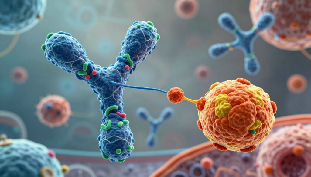 A dynamic and detailed depiction of antigen-antibody interaction at a molecular level. In the foreground, vividly illustrate a large, stylized antibody Y-shape, with intricate molecular structures in shades of blue and green, engaging with a vibrant, spherical antigen represented in bright orange and yellow colors. The middle ground features additional antibodies and antigens in various orientations, emphasizing their complex interactions. The background should include a softly blurred representation of a cellular environment, with hints of cell membranes and subtle scientific diagrams, creating a research laboratory feel. Use high contrast lighting to highlight the molecular structures and create a sense of depth, capturing the intricate beauty of this fundamental relationship in immunology. The mood should be focused and informative, evoking a sense of discovery and exploration.