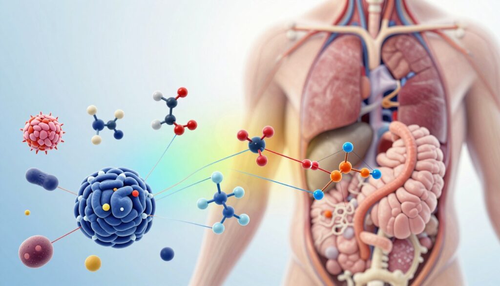A detailed and educational illustration depicting the role of associated carriers in the immune response. In the foreground, diverse immunological agents, such as antibodies and antigens, are represented in a dynamic interaction, with associated carriers prominently displayed as complex structures aiding the immune process. The middle ground features a vibrant gradient showcasing molecular structures and pathways, conveying the intricate relationships between these components. The background consists of a soft-focus anatomical illustration of a human immune system, highlighting organs like lymph nodes and the spleen under gentle, diffused lighting to create an enlightening atmosphere. The lens should be slightly zoomed in for clarity, emphasizing the synergy between the involved elements. The mood is informative and scientific, inviting viewers to explore the essential role of associated carriers in immunity.